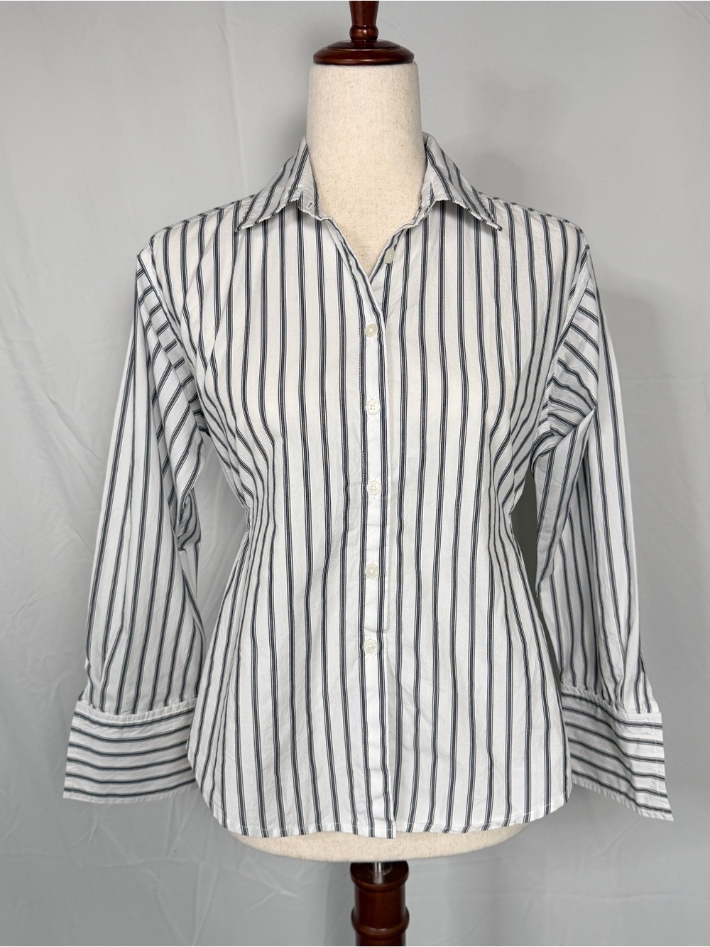 LOFT White Button-Down Shirt with Black Vertical Stripes, open back cinched in